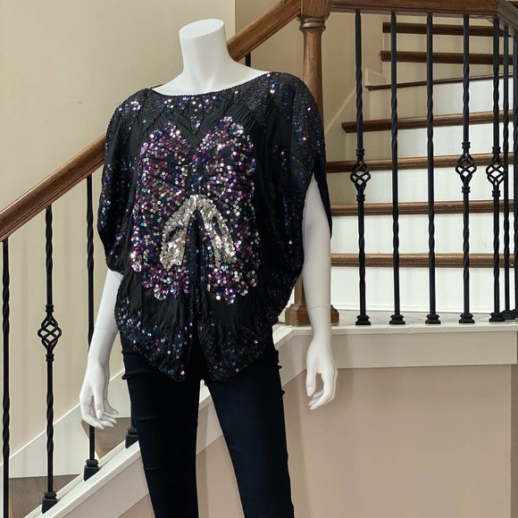 Vintage Cotton Castle Black Bow Sequins Top, M0579 - Picture 4 of 7